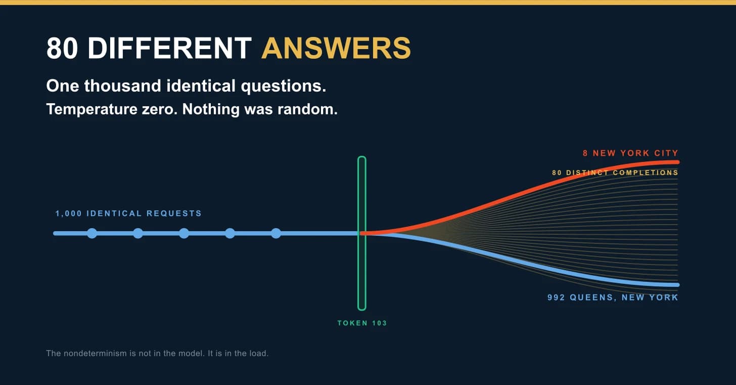 Fan diagram on a deep navy ground, headed "80 different answers." Below it: one thousand identical questions, temperature zero, nothing was random. A single blue line labelled one thousand identical requests runs from the left into a green gate labelled token 103, after which it fans into many faint lines. Two are labelled, 992 Queens New York in blue and 8 New York City in red, with 80 distinct completions above them. A footer line reads: the nondeterminism is not in the model, it is in the load.