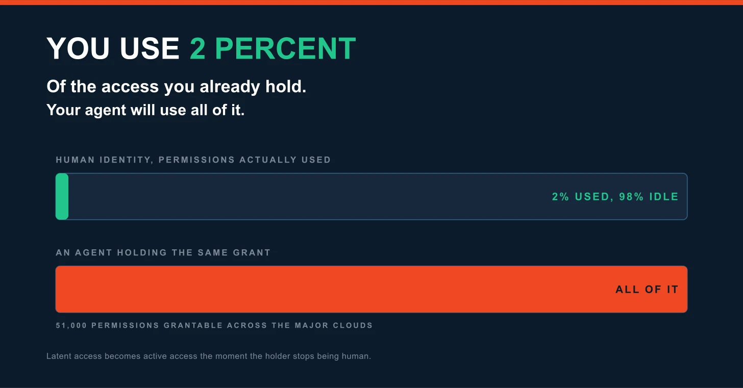 Two bars on a deep navy ground, headed "You use 2 percent." Below it: of the access you already hold, your agent will use all of it. The upper bar, labelled human identity permissions actually used, is nearly empty and reads 2 percent used, 98 percent idle. The lower bar, labelled an agent holding the same grant, is filled completely and reads all of it. Beneath: 51,000 permissions grantable across the major clouds. A footer line reads: latent access becomes active access the moment the holder stops being human.